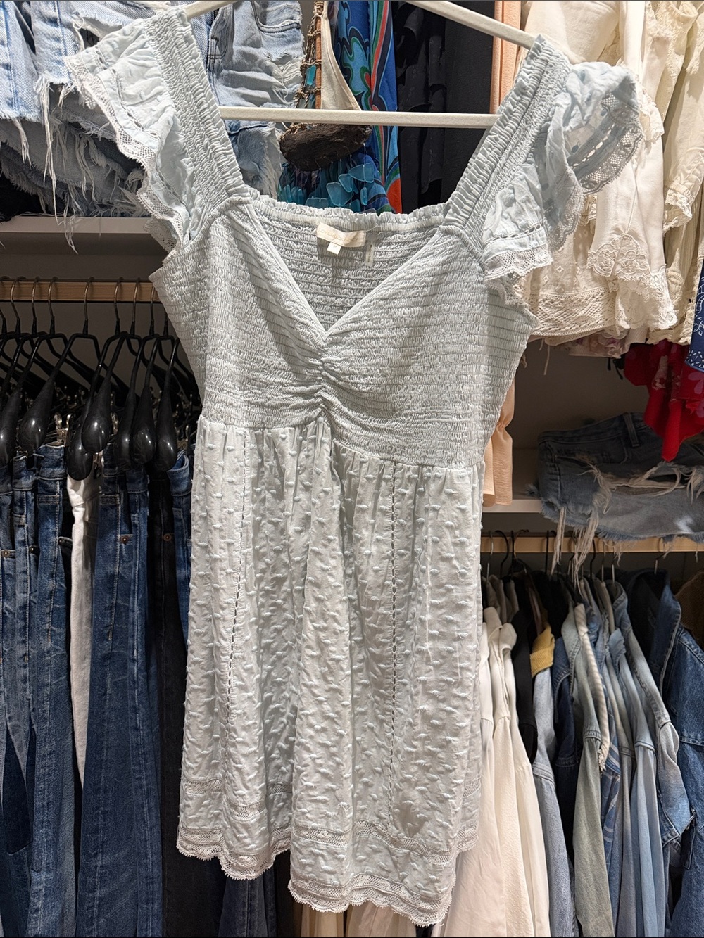 LoveShackFancy Pale Blue Smocked Mini Dress with Ruffle Sleeves